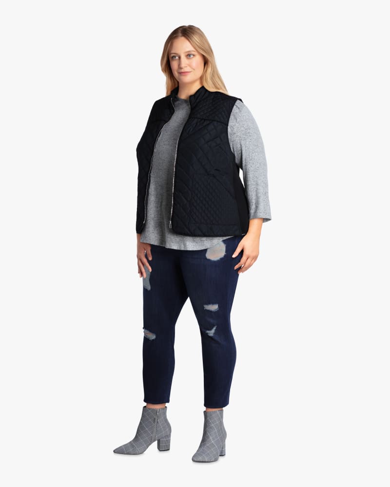 Plus size model with hourglass body shape wearing Cassandra Quilted Vest by Molly&Isadora | Dia&Co | dia_product_style_image_id:114293